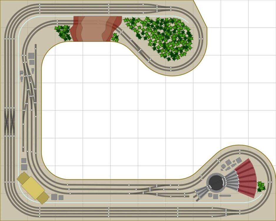 THIS DOUBLE-TRACK BEDROOM SIZED PLAN HAS EMPHASIS ON TRAIN WATCHING, WITH ITS FOUR TRACK LONG STAGING AREAS AND A ROUNDHOUSE AREA, IT'S PERFECT FOR THOSE JUST WANTING TO WATCH THE TRAINS ROLL BY.