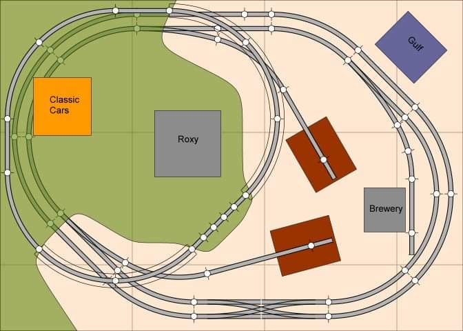 THIS INTERESTING MICRO LAYOUT HAS A DOBLE TRACK MAINLINE, A DOUBLE TRACK CROSSOVER, AND THREE INDUSTRY SPURS. IT ALSO INCLUDES A THIRD INDEPENDENT ELEVATED LOOP THAT COULD BE A TROLLEY RAILWAY.