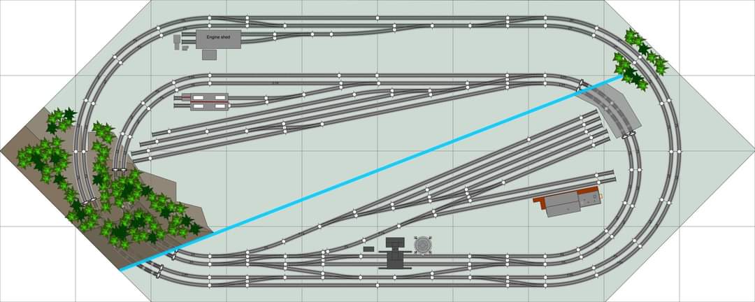 IN THIS MEDIUM SIZED TRACK PLAN, THE USE OF A SCENIC DIVIDER IS UTILIZED TO DIVIDE THE LAYOUT INTO TWO DISTINCT SCENES. IT ALSO FEATURES TWO DOUBLE-TRACK MAINLINE LOOPS CONNECTED VIA CROSSOVERS IN ONE SCENE