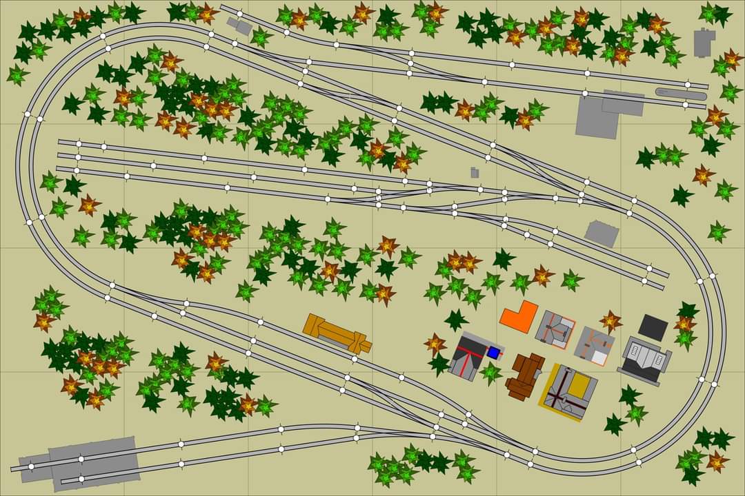 THIS CLEAN AND COMPACT MEDIUM SIZE TRACK PLAN OFFERS A DOUBLE-TRACK MAINLINE, A SMALL STUB YARD, INDUSTRIES, AND A SMALL TOWN AMERICA THEME. THE PLACEMENT OF THE THREE CROSSOVERS ALLOW SWITCHING MOVEMENTS FROM EITHER MAINLINE AND ALSO DOUBLE AS PASSING TRACKS.