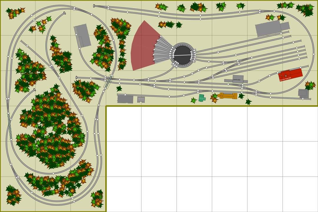 THIS BEDROOM SIZED TRACK PLAN UTILIZES A DOUBLE UP AND OVER CONCEPT TO MAKE THE MOST OF THE SINGLE TRACK MAINLINE IN THIS COMPACT AREA. THE ROUNDHOUSE AREA CAN BE OPERATED AS A HELPER POINT TO ASSIST TRAINS OVER THE STEEP GRADES.