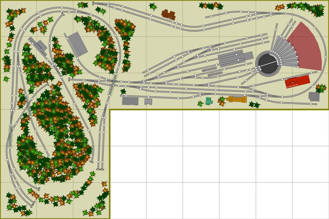 THIS BEDROOM SIZE LAYOUT WITH A MDIUM SIZE ROUNDHOUSE AND ASSOCIATED TRACKAGE UTILIZES AN UP AND OVER TYPE TRACK PLAN TO LENGTHEN THE RUN. IT ALSO HAS A UNIQUE SMALL POINT TO POINT SECTION SITUATED ATOP THE MOUNTAIN WITH A HOLDING TRACK.