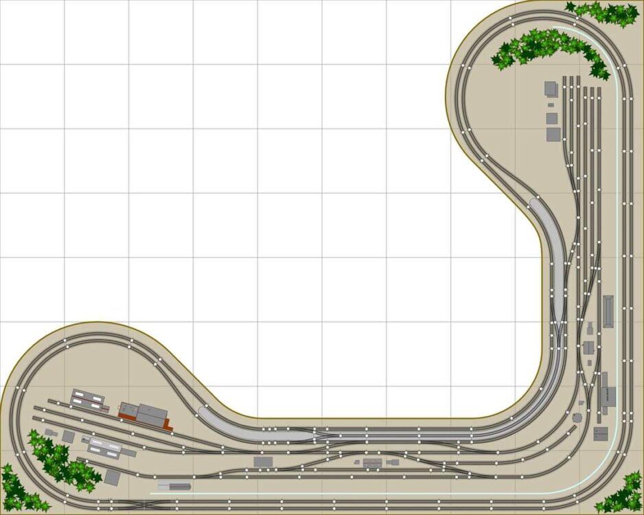 A SIMPLE BEDROOM SIZE TRACK PLAN FOR PASSENGER TRAFFIC THAT FEATURES A LONG PASSENGER PLATFORM, COACH YARDS AND RELATED FACILITIES, AND LOCOMOTIVE READY TRACKS AND SERVICE AREA TYPICAL OF COMMUTER LINES.