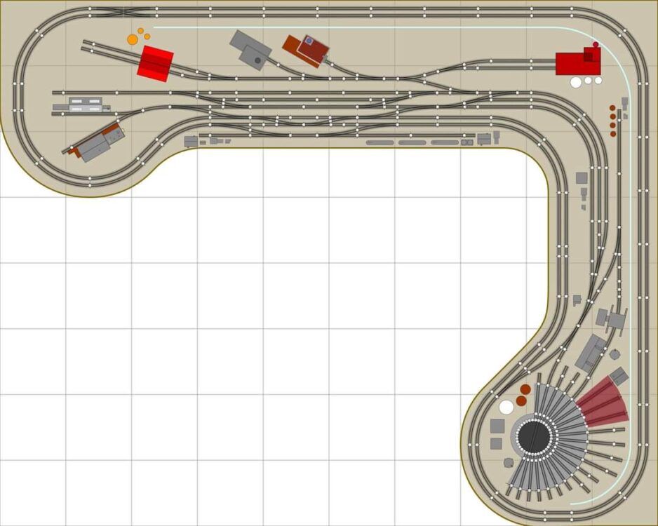 THIS BEDROOM SIZED TRACK PLAN FEATURES A LARGE ROUNDHOUSE AREA AND DOUBLE TRACK MAINLINE.THE YARD TRACKS ARE ACTUALLY FOR SERVING THE EXTENSIVE INDUSTRIAL COMPLES THAT MAKES UP THE MAJORITY OF THIS PLAN.