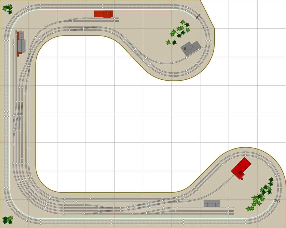 THIS DOUBLE-TRACK TRACK PLAN INLUDES A LARGE DOUBLE ENDED YARD FOR MAKING UP AND BREAKING DOWN TRAINS. IT LACKS STAGING AREAS BUT OFFERS ADDED ROOM FOR SCENERY IN A COMPACT DESIGN.