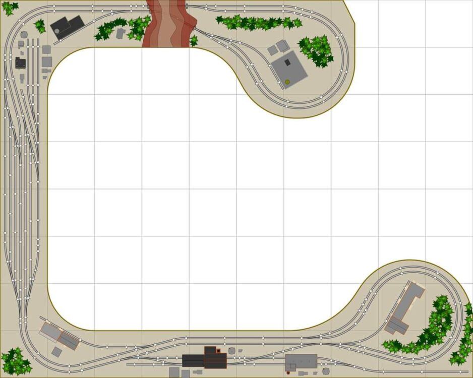 THIS BEDROOM SIZED DOUBLE-TRACK PLAN FEATURES A DECENT SIZE YARD IN THE CENTER WITH INDUSTRIAL SPURS LOCATED ON THE END LOOPS. EACH LOOP ALSO HAS A PASSING SIDING FOR STORAGE OR PASSES.