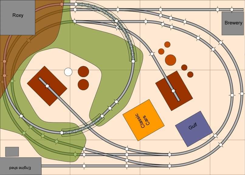 THIS VERY SMALL TRACK PLAN REPRESENTS THREE DIFFERNT RAILROADS IN ONE COMPACT PLAN. IT HAS THREE INDUSTRIAL SPURS FOR SWITHICNG, AND DIAMOND CROSSING. THE THIRD LOOP IS ELEVATED OBOVE THE TWO MAIN LOOPS.