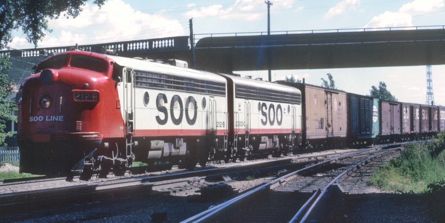 SOO Line F7 212B on MILW trackage near Grand Ave. Milwaukee, WI on August_27, 1966