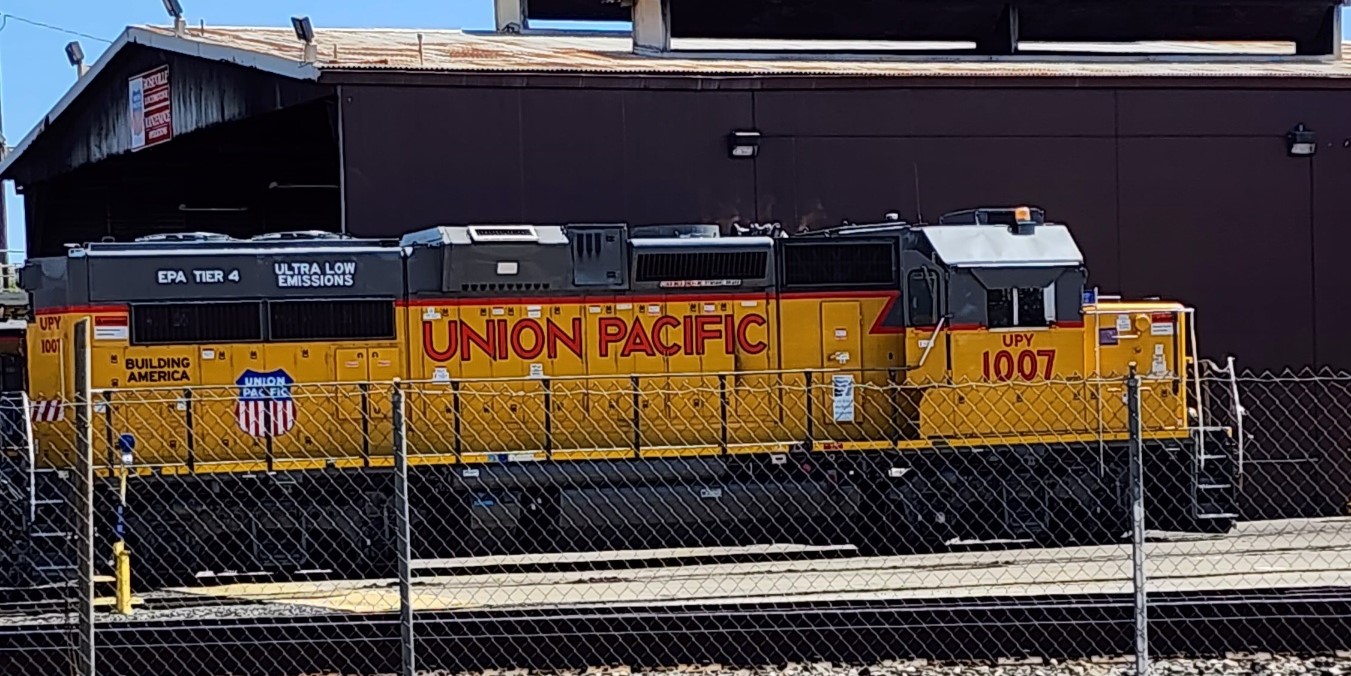 UNION PACIFIC LOCOMOTIVE NUMBER 1007 IN THE BACK SHOPS OF THE ROSEVILLE, CALIFORNIA RAIL YARD.