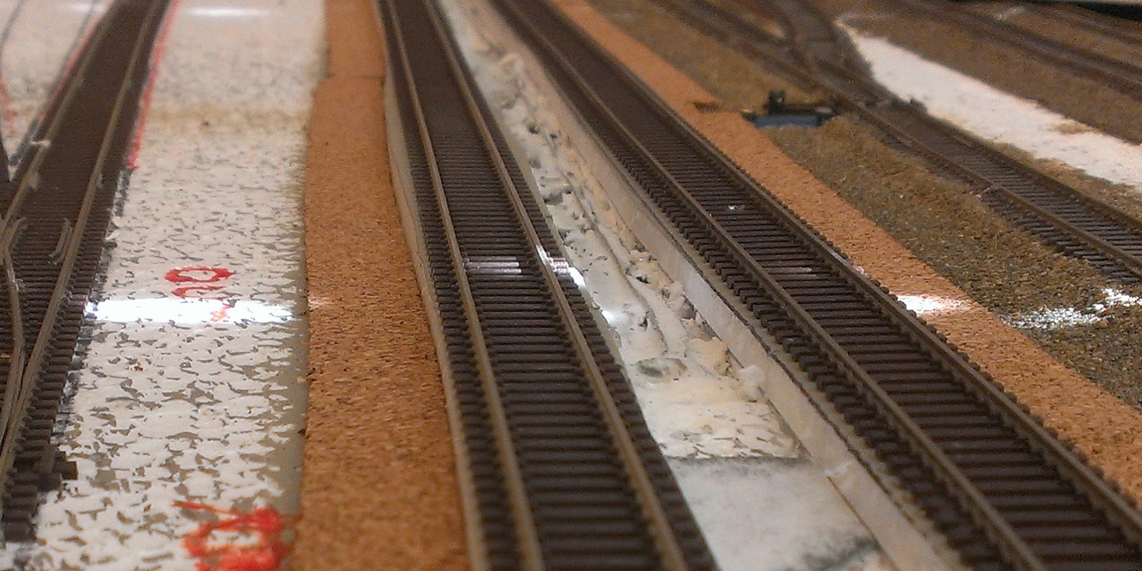 view of the 1/8" cork sub roadbed on N Scale track