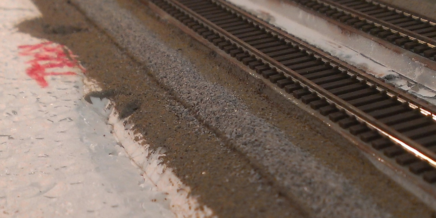 The sub ballast is applied by evenly distributing a mound along the edge of the 1/8" cork. this mound is approximately 1/4" tall and applied with a plastic spoon.