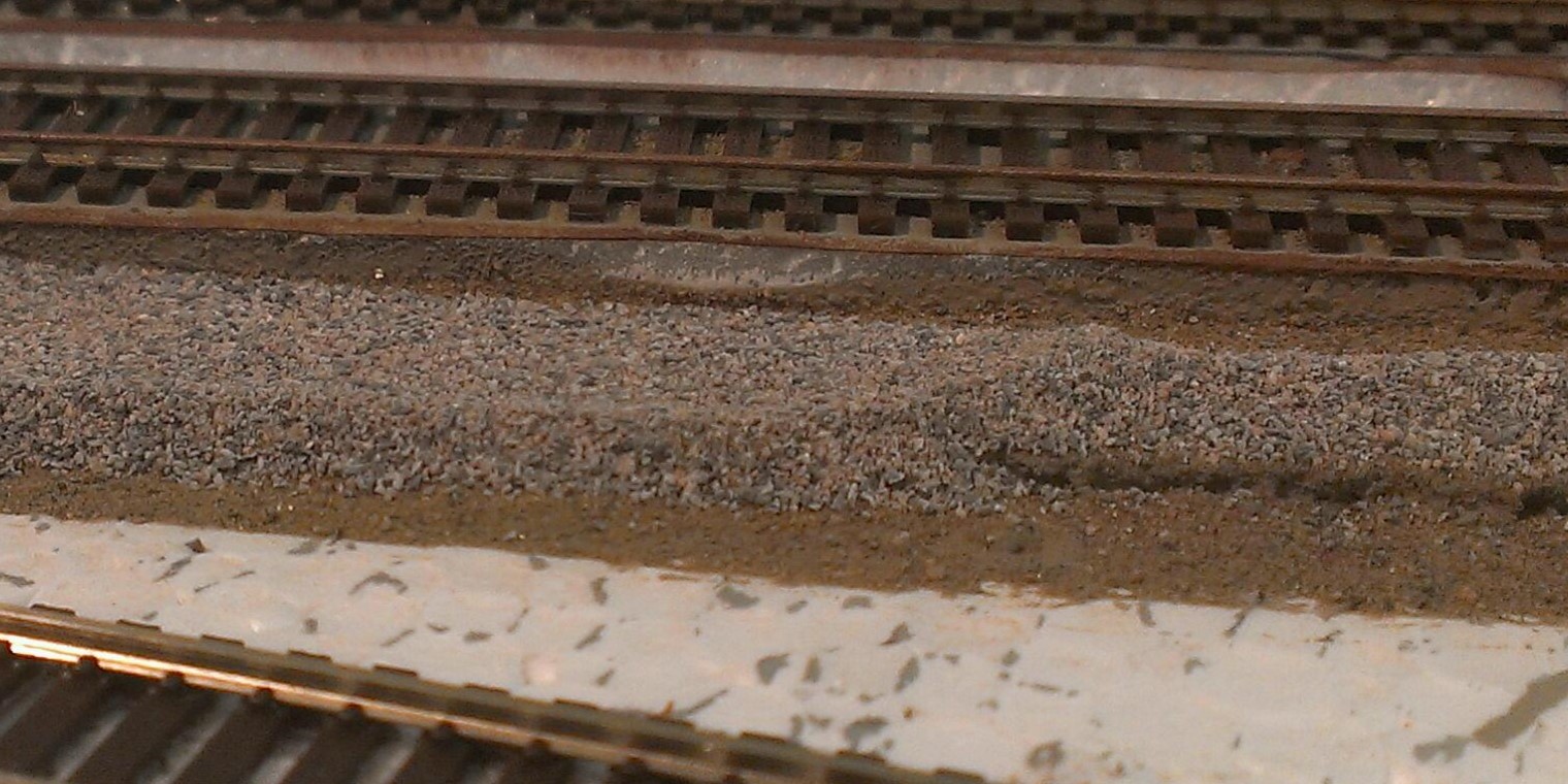 close up view of model railroad sub ballast