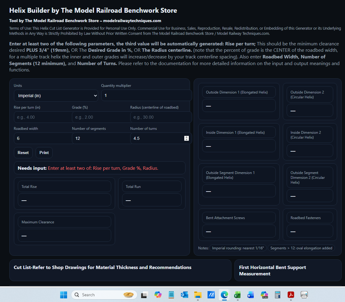 Screenshot of Helix Builder Calculator tool